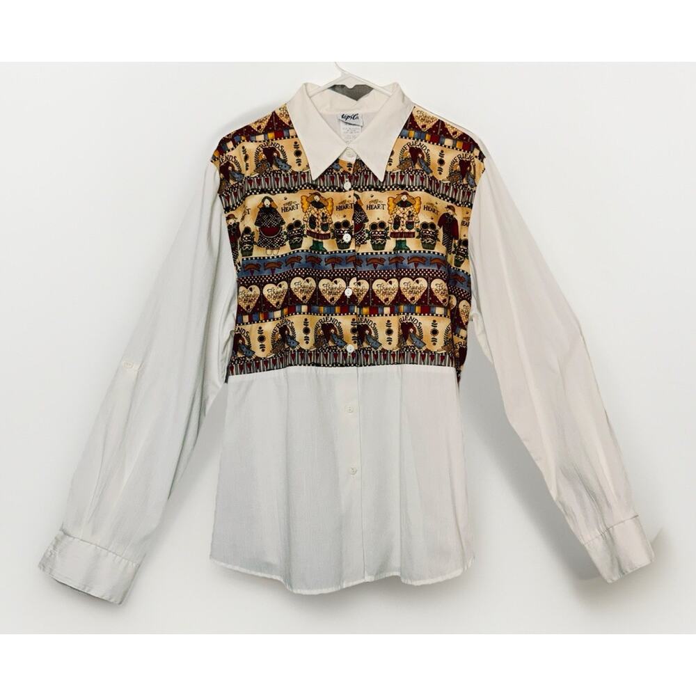 VTG 90s Tap & Co Women XL Button White Shirt Friends Garden Cats Angel Cottage